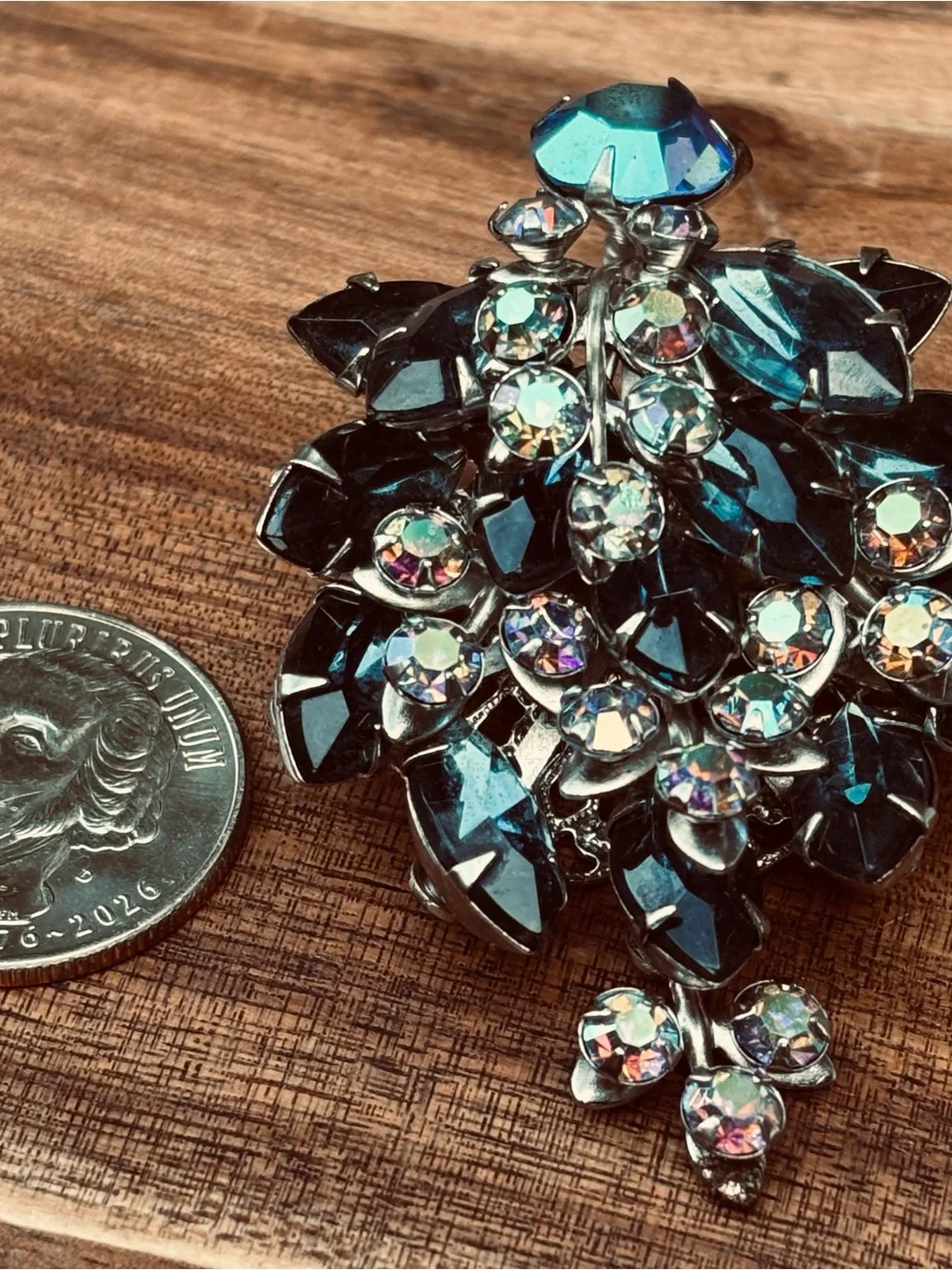 Blue Rhinestone & AB Leaf Cluster Brooch - Picture 6 of 7